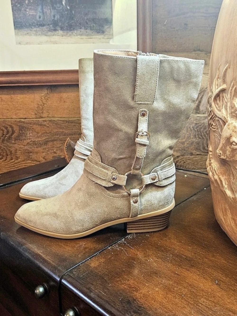 BCBG Edi Boot Buckle Detail Heeled Boots in Beige